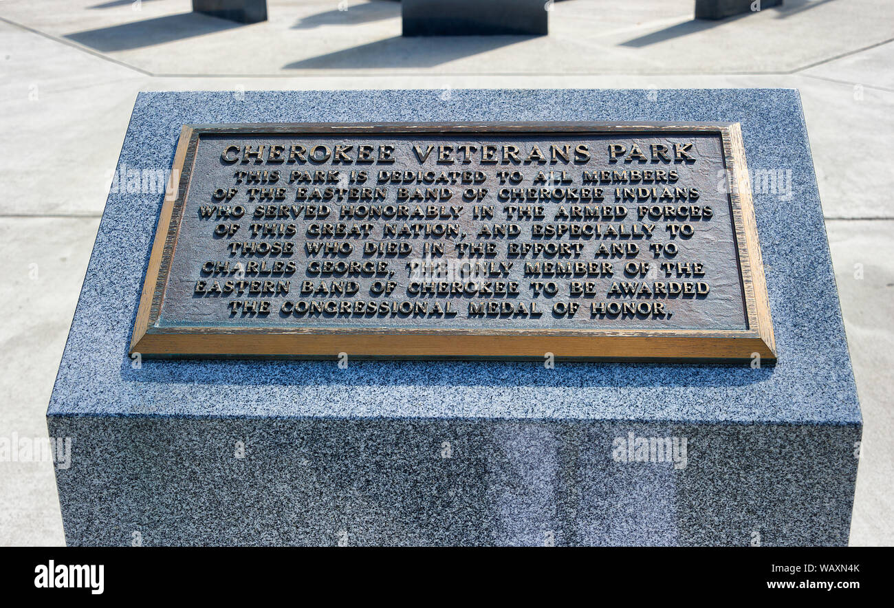 Cherokee, North Carolina,USA - August 3,2019:  Cherokee Veterans Park honoring all those that served in the arm forces in downtown Cherokee, NC. Stock Photo