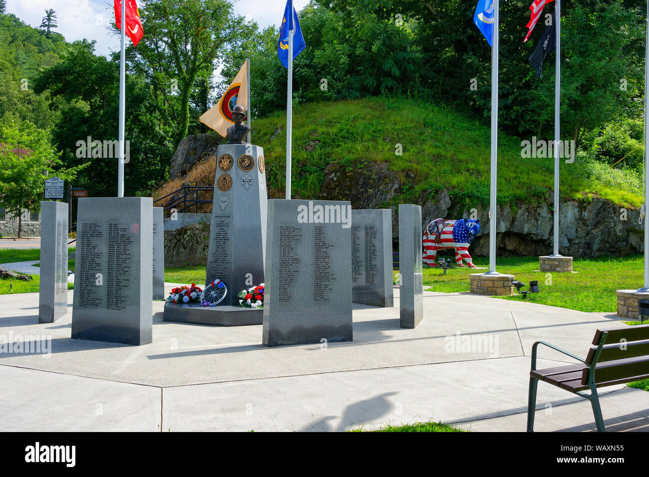 Cherokee, North Carolina,USA - August 3,2019:  Cherokee Veterans Park honoring all those that served in the arm forces in downtown Cherokee, NC. Stock Photo