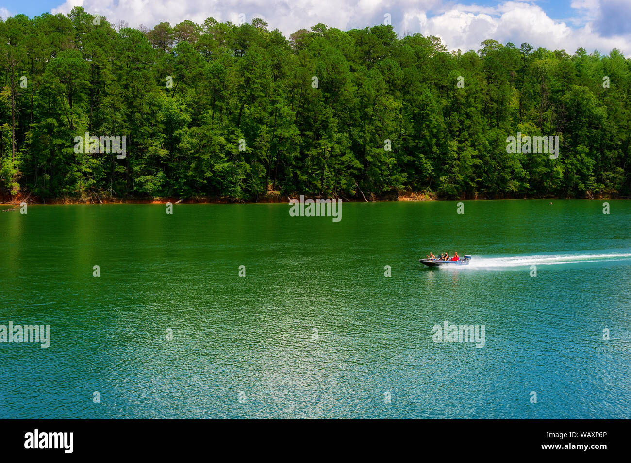 Bryson, North Carolina, USA August 3, 2019 A boat runs along the