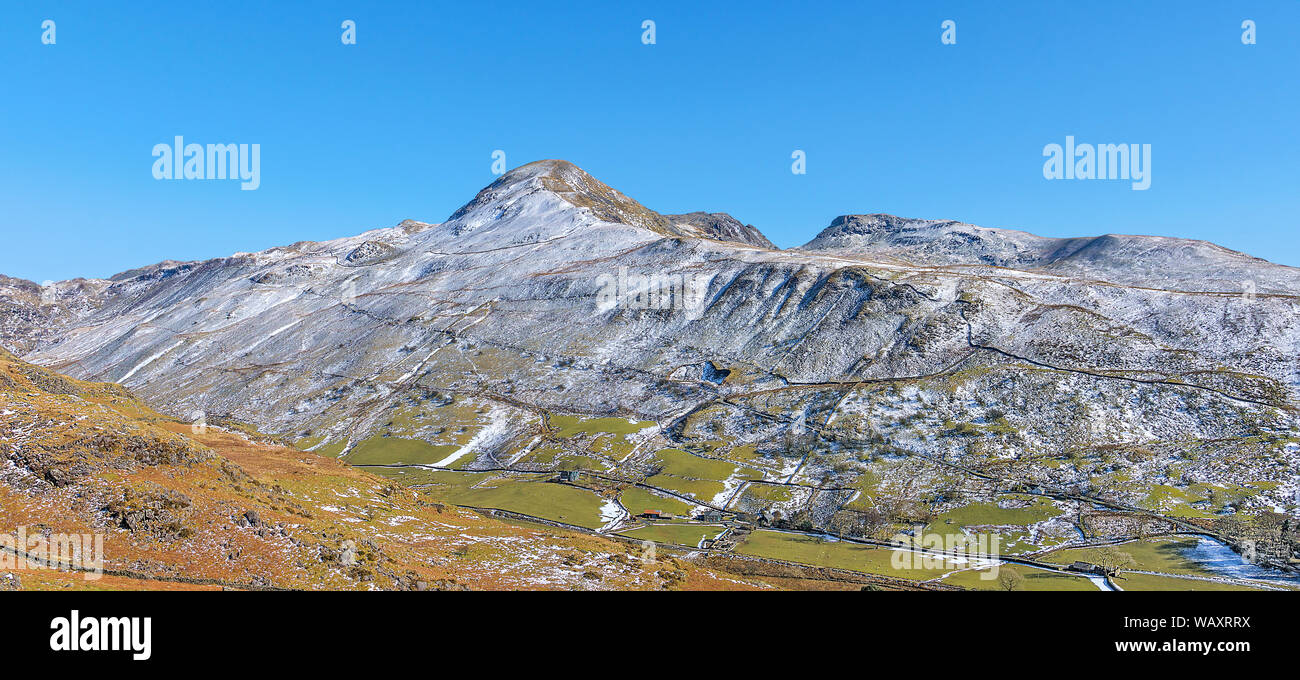 Moelwyn Mawr mountain Moelwyn Bach mountain viewed across Cwm Croesor from the slopes of Cnicht mountain Snowdonia National Park UK March 2018 Stock Photo