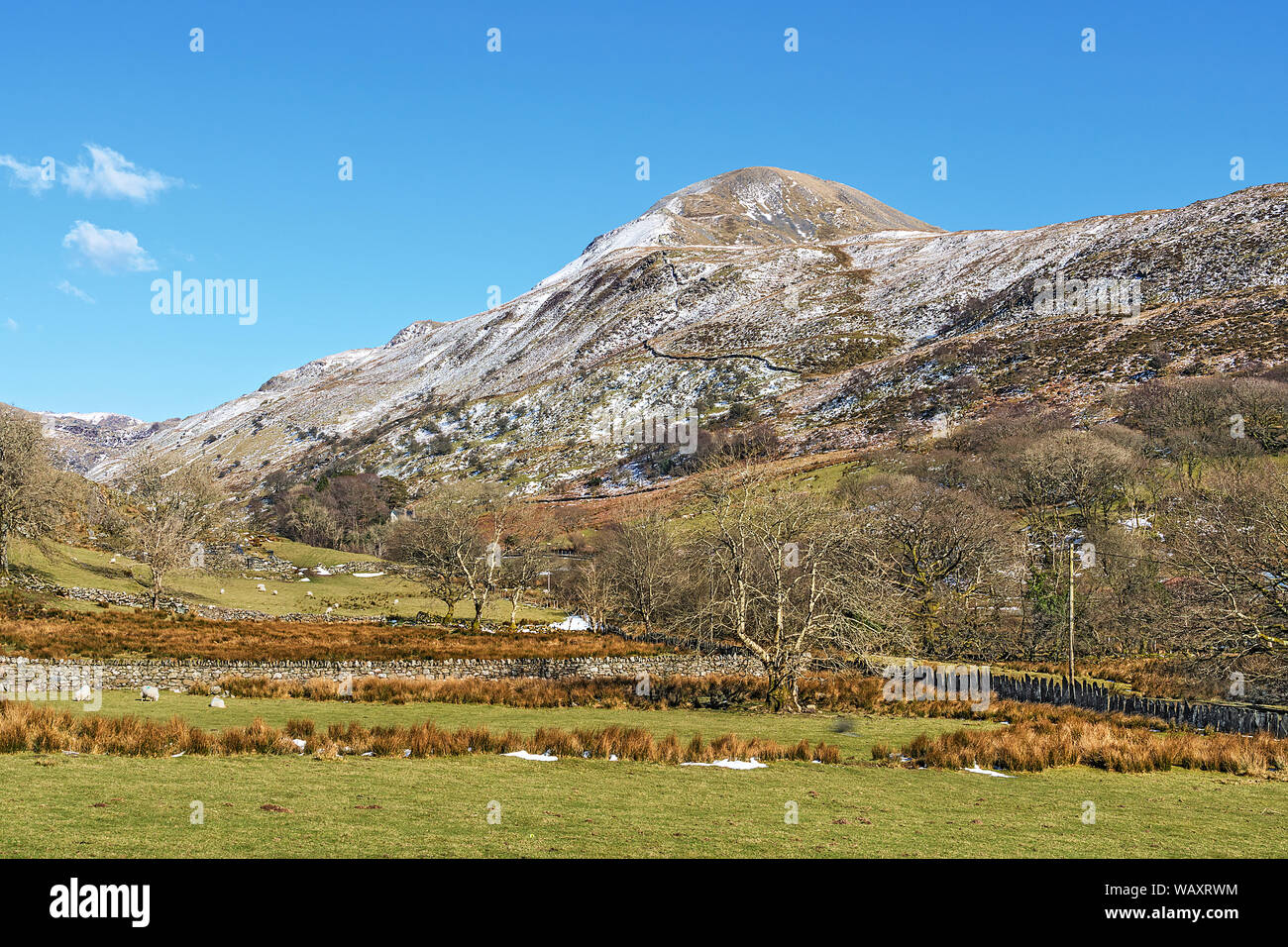 Moelwyn Mawr mountain looking north east from the village of Croesor Snowdonia National Park North Wales UK March 2018 8605 Stock Photo
