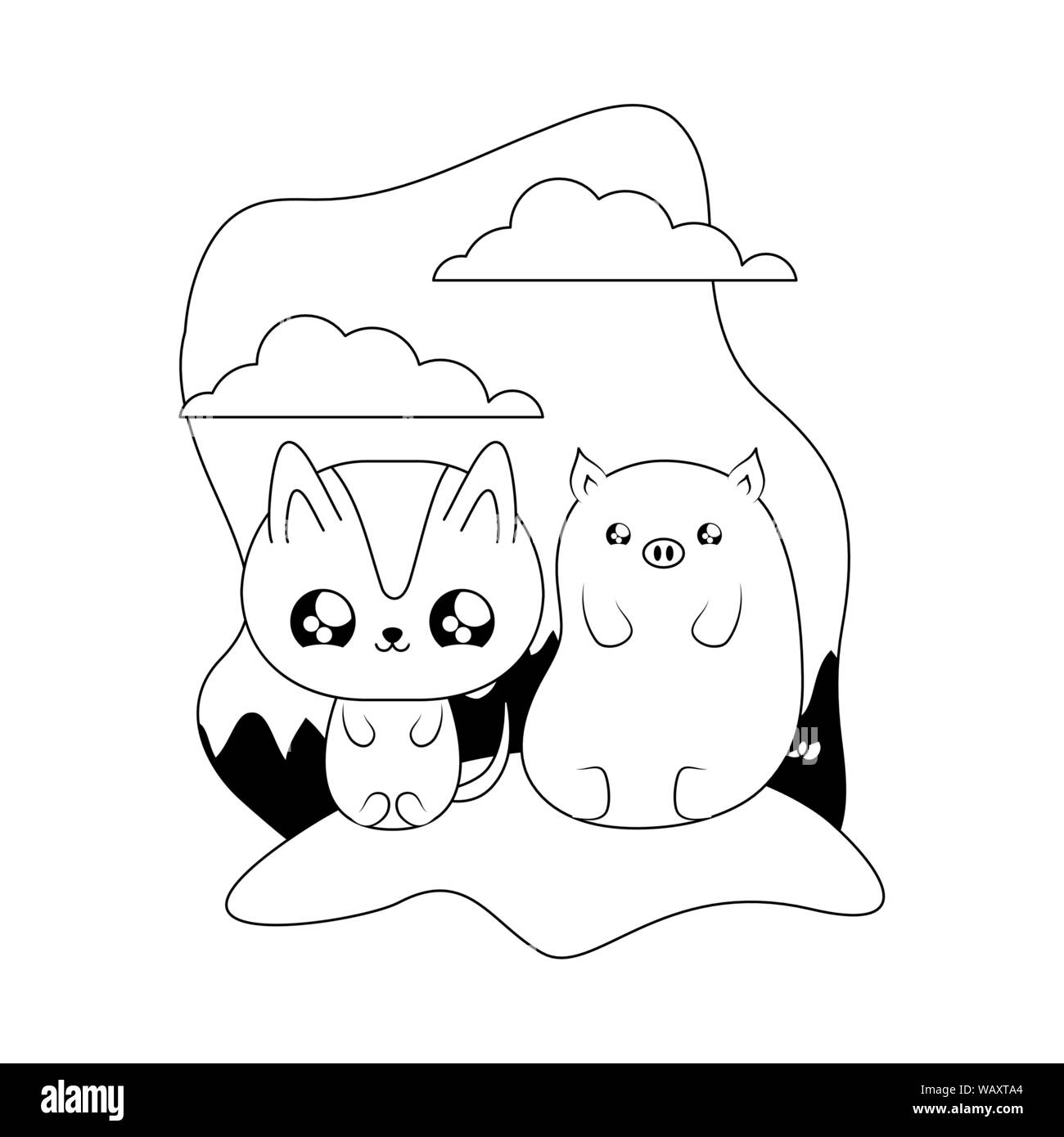 cute cat with piggy baby kawaii style vector illustration design Stock ...