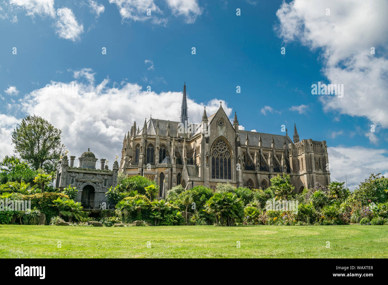 Arundel Cathedral on a english summer's day, taken from the gardens of Arundel Castle. located Parsons hill, Arundel, West Sussex, England. Stock Photo