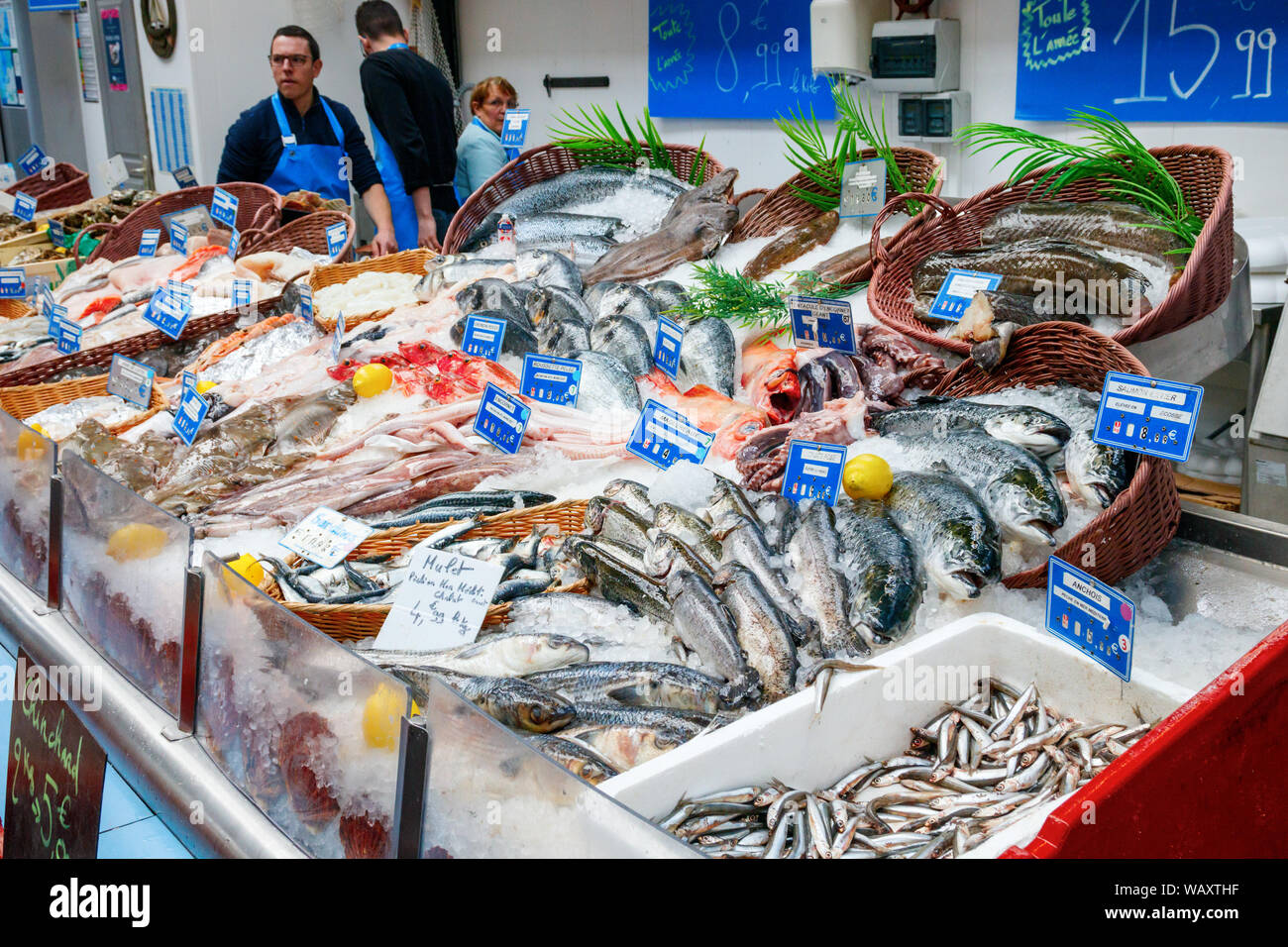 LILLE, FRANCE - APRIL 16, 2017: stand with an assortment of fish and seafood at the Wazemmes Market. It is one of Lilles largest markets. Stock Photo