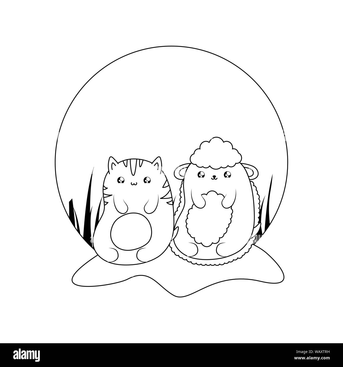 cute cat with sheep baby animals kawaii style vector illustration ...