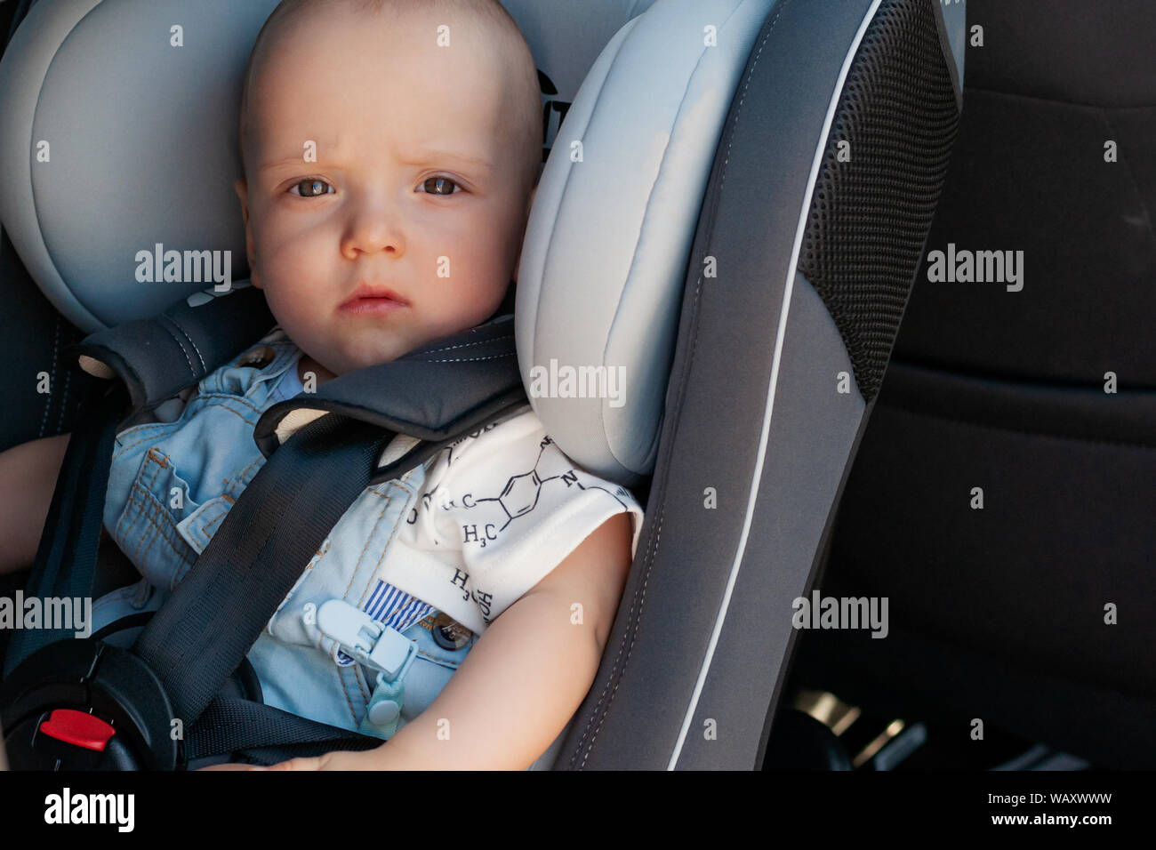 Boy in child seats in the car. Safety transportation for babies