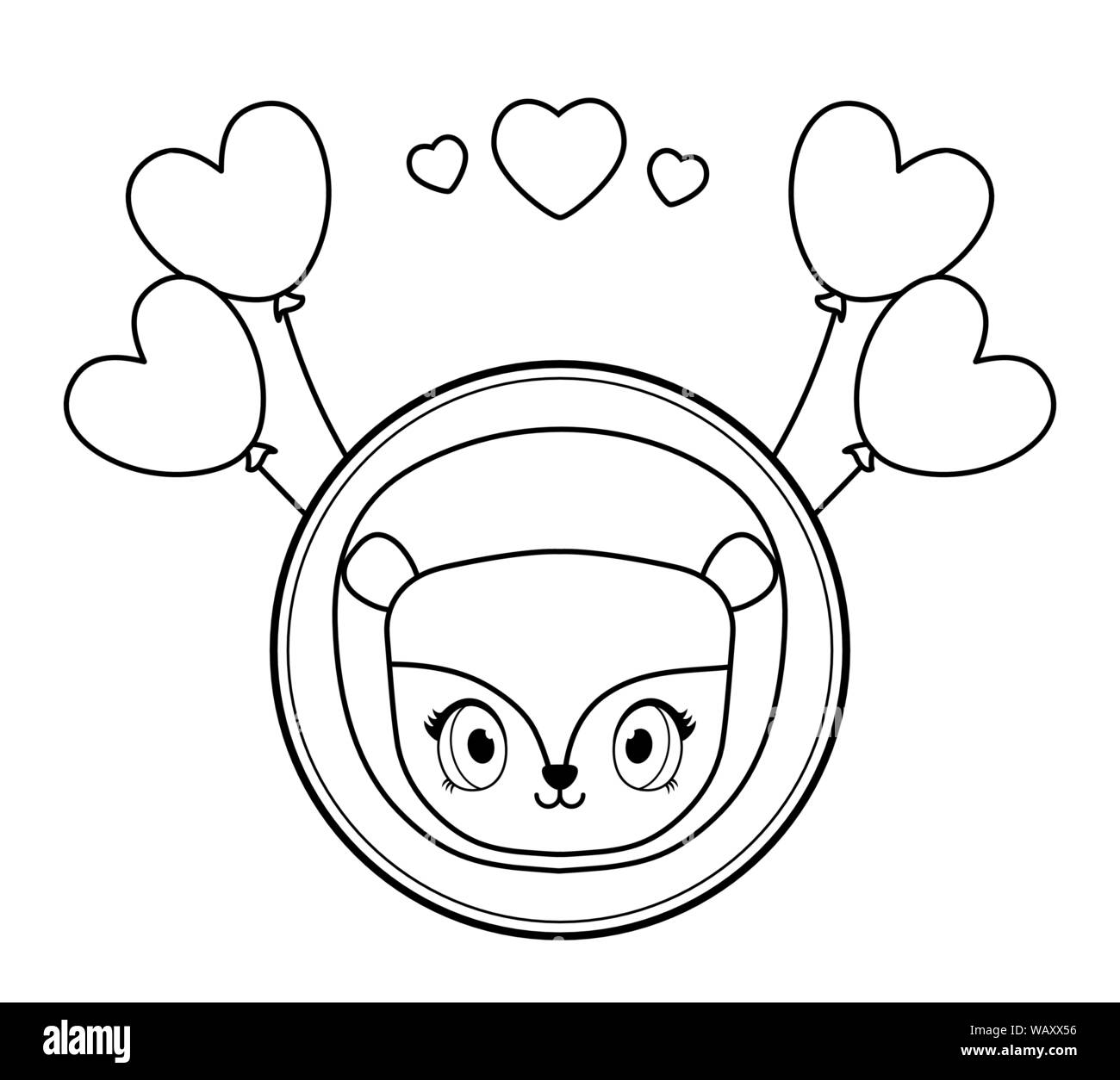 cute lion in card with balloons helium kawaii style vector illustration ...