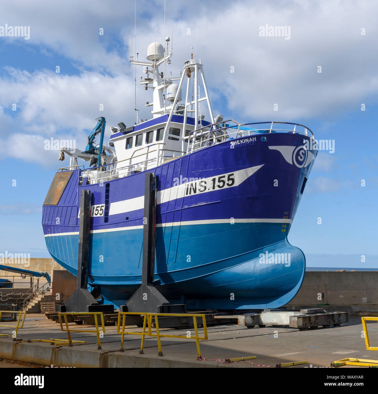 Fishing vessel Shekinah Ins 155 at MacDuff Shipyard,  MacDuff, Aberdeenshire, Scotland, UK Stock Photo