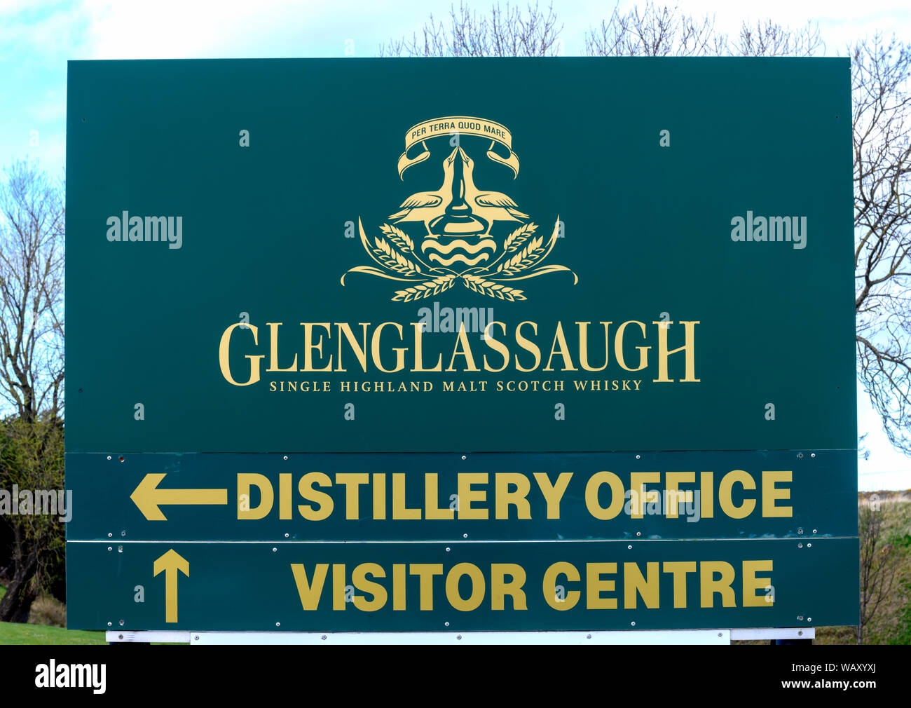 Entrance sign at Glenglassaugh Scotch Whisky Distillery Portsoy, Aberdeenshire, Scotland, UK, Stock Photo