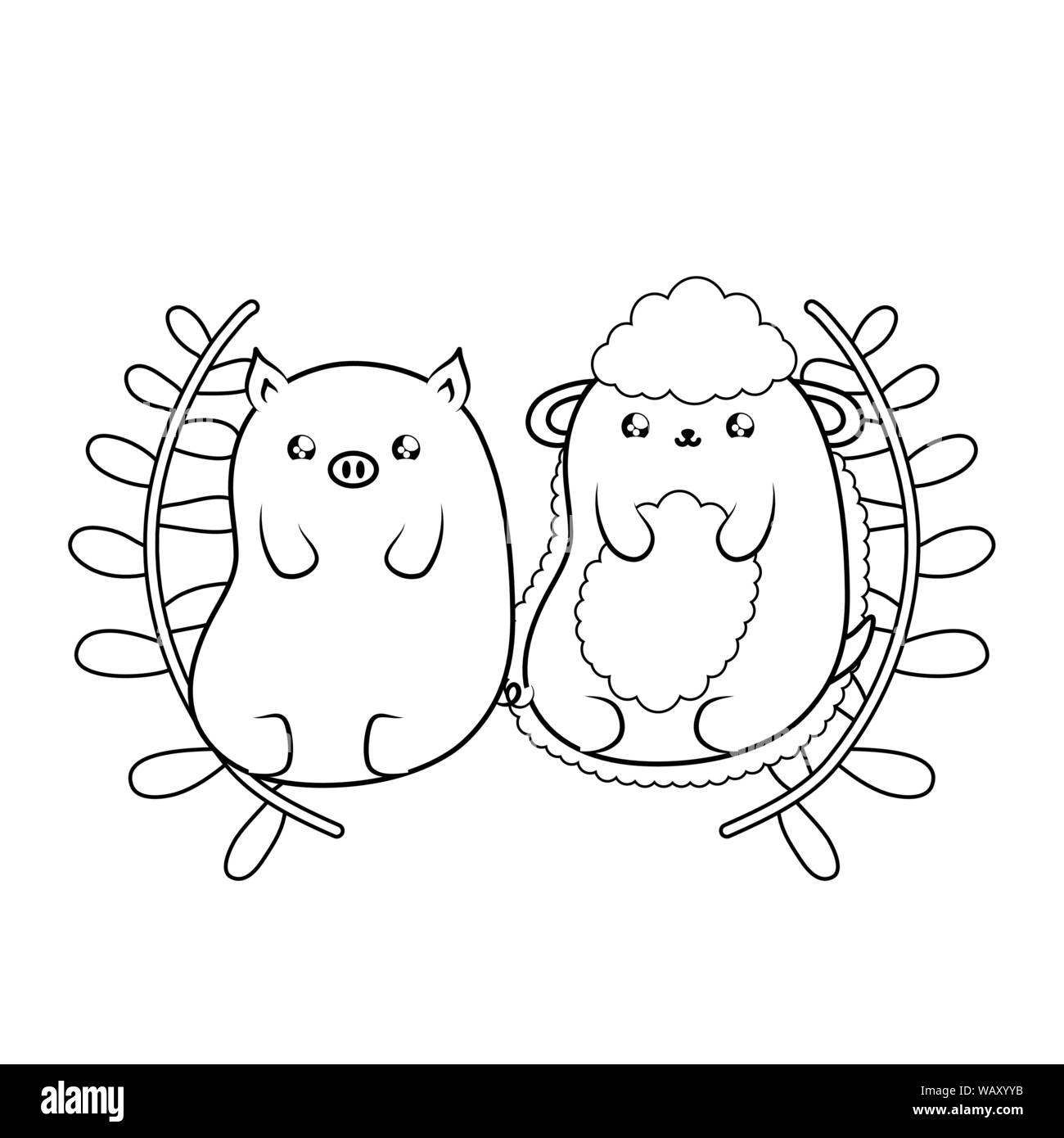 cute sheep with piggy baby animals kawaii style vector illustration ...