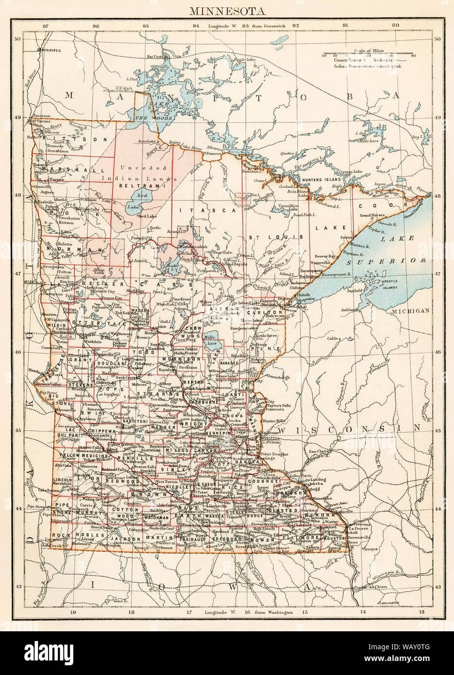 Map of Minnesota, 1870s. Color llithograph Stock Photo