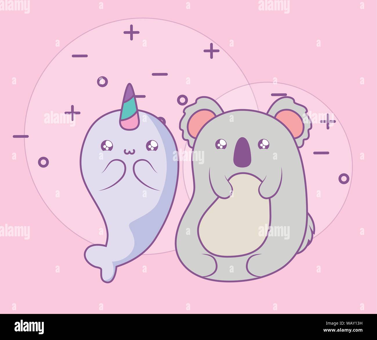 cute narwhal with koala baby animals kawaii style vector illustration design Stock Vector