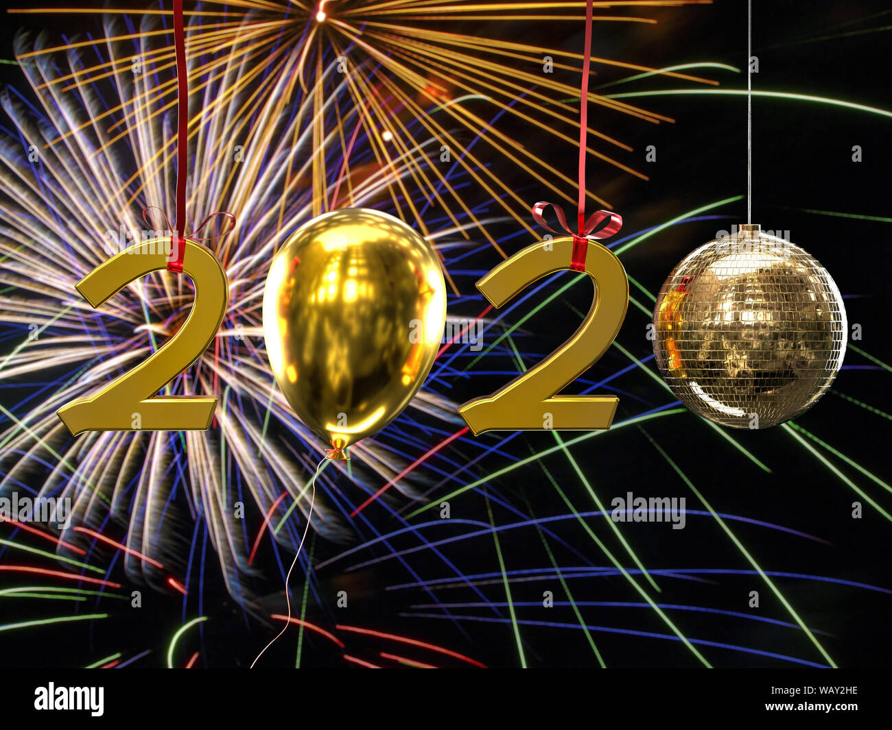 New Year 2020 date composed of golden digits, ballon and shiny disco ball  against fireworks Stock Photo - Alamy