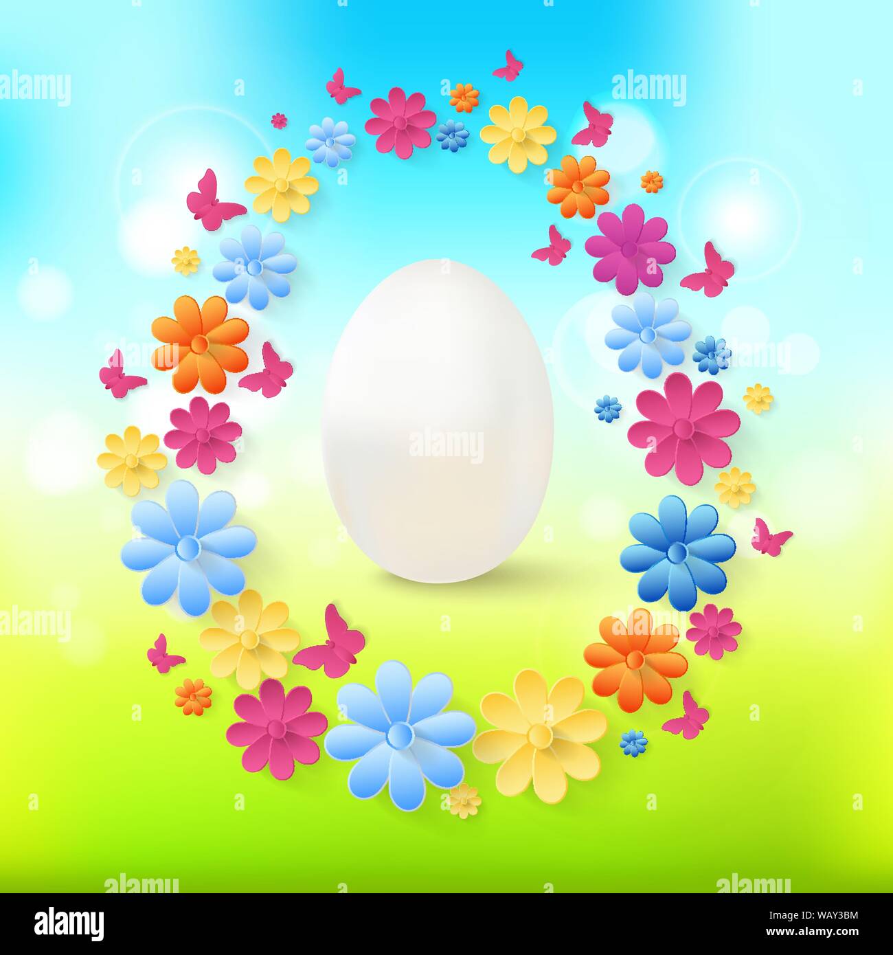 Easter eggs with colorful flowers, butterflies on spring background. Stock Vector