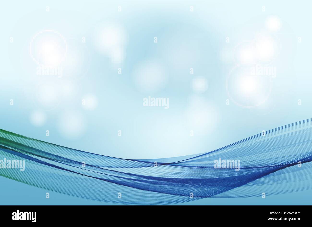 Abstract blue background with transparent wave lines and sun glare. Stock Vector