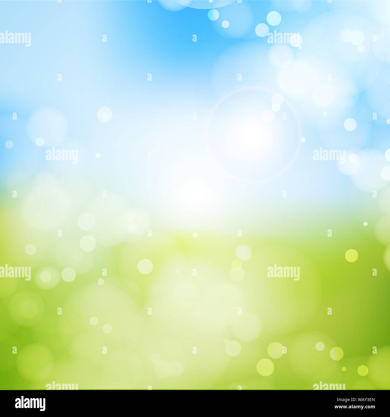 Blurry background spring , blue sky with glaring sun. Stock Vector