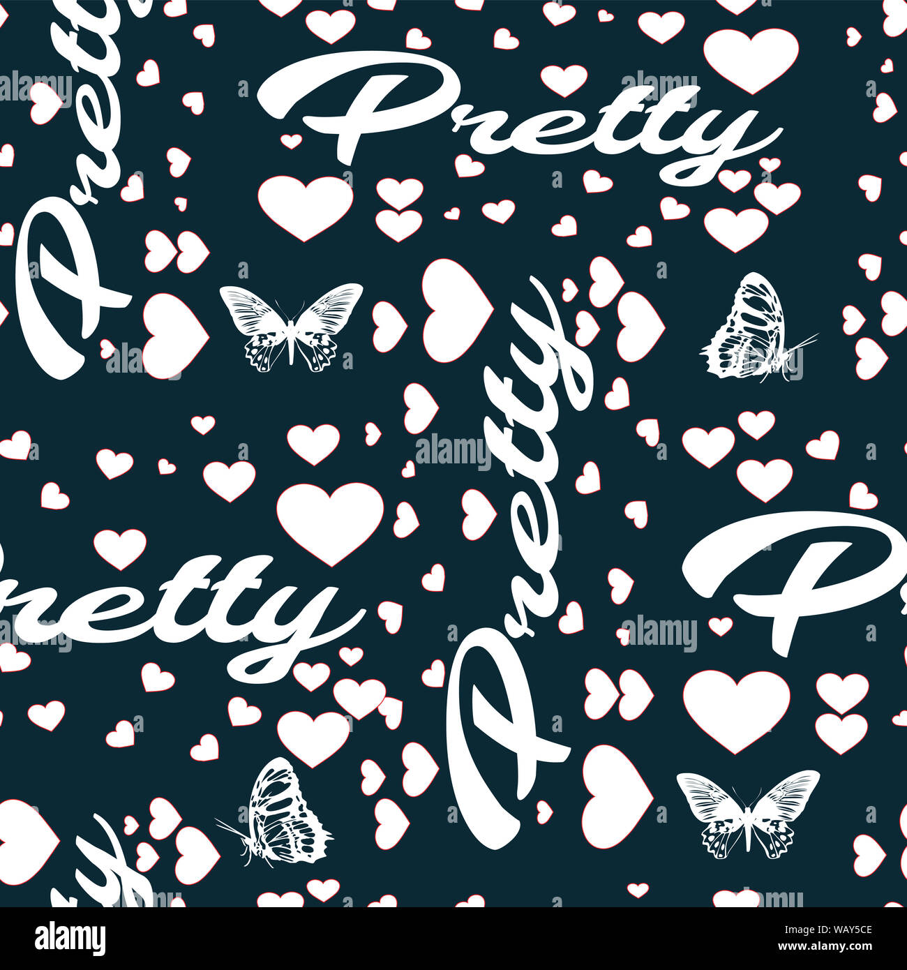 Trendy fashion pretty text with hearts design pattern navy Stock Photo