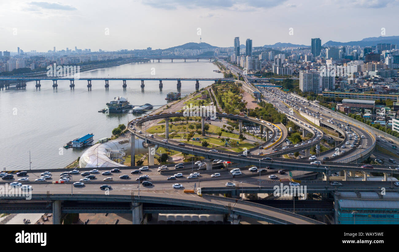 Aerial view of Seoul City Skyline,South Korea. Stock Photo