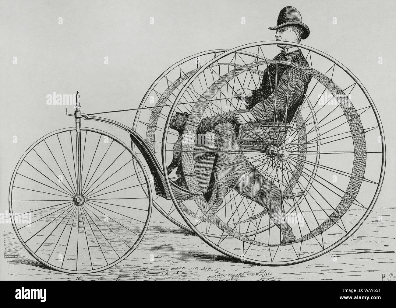 The 'Cynophere', or dog-powered velocipede. It was invented by the French mechanic M. Huret and patented on December 14, 1875. It consisted of a three-wheeled vehicle, a kind of tricycle, weighing 80 kilograms and was moved by two dogs placed on the inner wheels simulating walk . It reached a speed of 10 kilometers per hour. Two vehicles were presented at the Universal Exhibition at Philadelphia (Pennsylvania, United States) in 1876. Engraving. La Ilustracion Española y Americana, June 15, 1876. Stock Photo