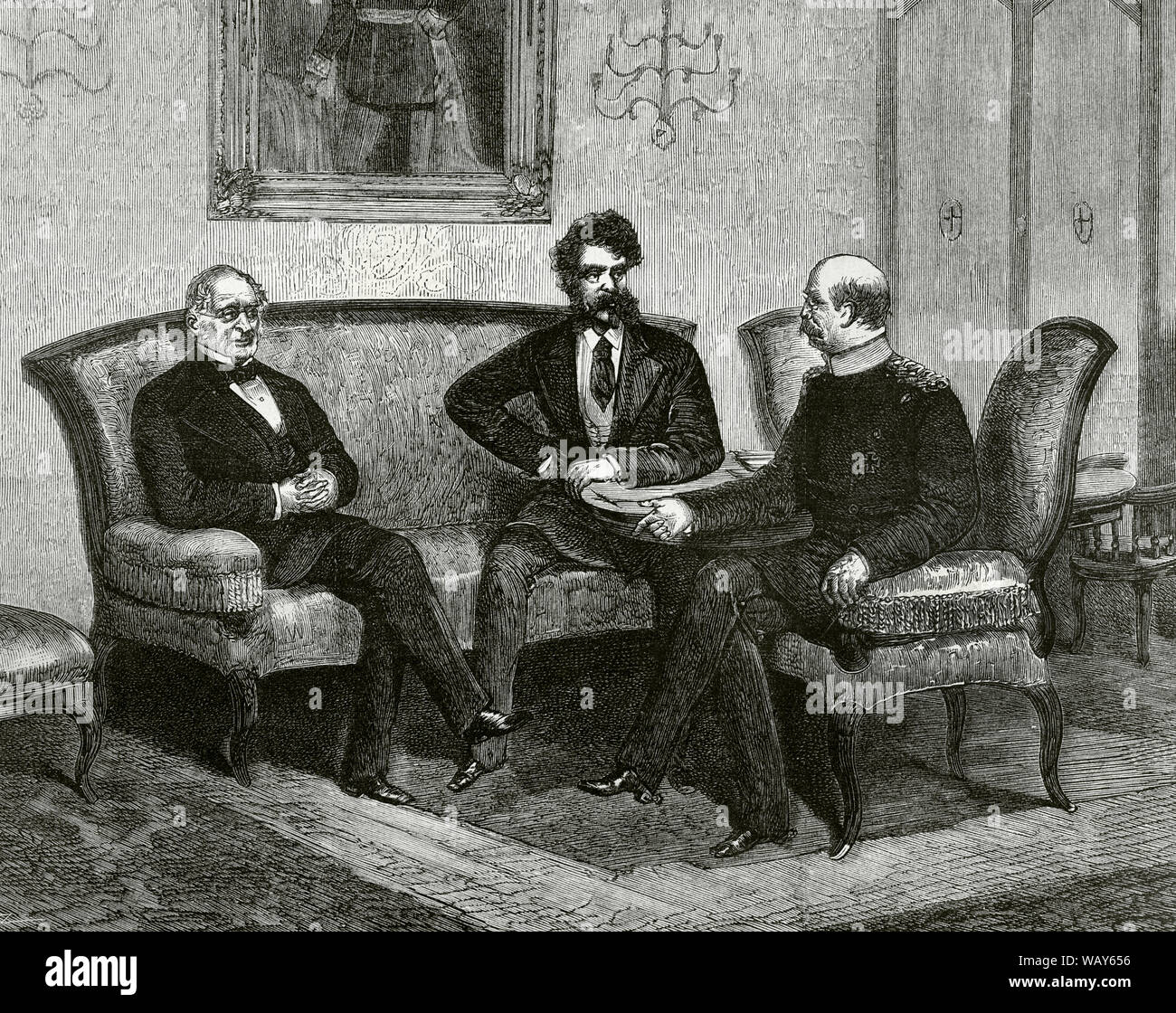 Germany, Berlin. Conference between the chancellors of the three northern empires about the Eastern Question. From left to right: Russian prince Alexander Gorchakov (1798-1883), Hungarian count Gyula Andrassy (1823-1890) and German prince Otto von Bismarck (1815-1898). Engraving. La Ilustracion Española y Americana, June 22, 1876. Stock Photo