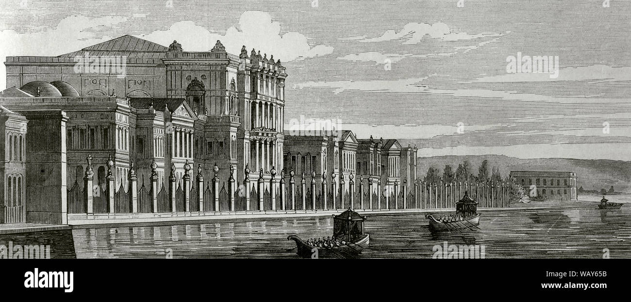 Ottoman Empire. Turkey. Constantinople. Dolmabahçe Palace. Its construction was ordered by the Sultan Abdülmecid I, and buit between 1843 and 1856 on the European coast of the Strait of Istanbul. The project was realized by architects Garabet Balyan, Nigogayos Balyan and Evanis Kalfa. Northern wing (Harem-i Humayun, the Harem), private residential area for the Sultan and his family. View from the Bosphorus. Engraving. La Ilustracion Española y Americana, June 22, 1876. Stock Photo