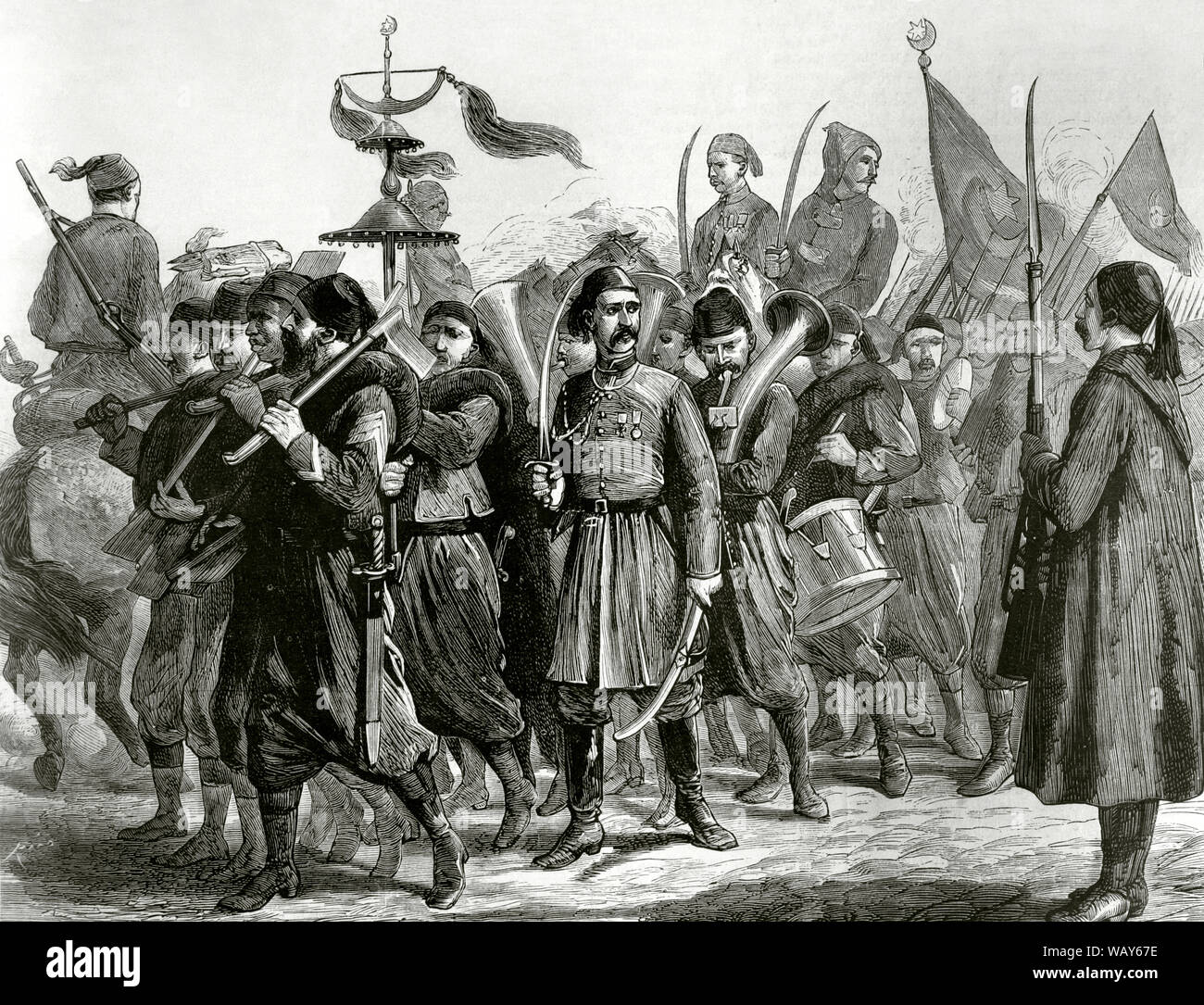 The Eastern Question. Serbian-Turkish Wars (1876-1878). Serbia declared war on the Ottoman Empire on June 30, 1876. Ottoman troops marching towards the border of Serbia. Engraving. La Ilustracion Española y Americana, July 8, 1876. Stock Photo