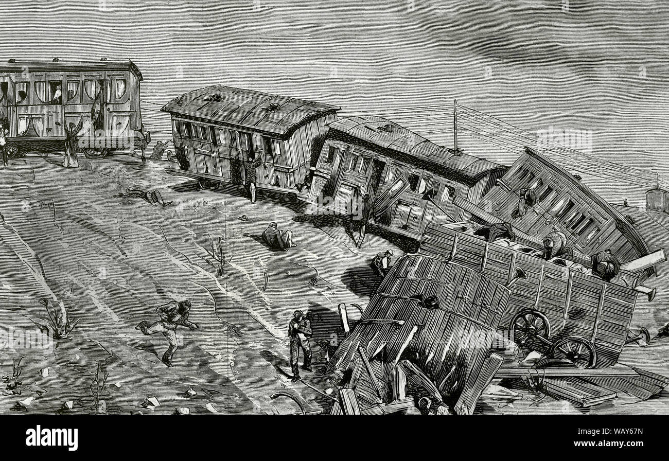 Spain, Catalonia. Railway accident. Derailment of the mail train Barcelona-Saragossa near the town of Tarrega, on June 24, 1876. There were many dead and wounded. Engraving. La Ilustracion Española y Americana, July 8, 1876. Stock Photo