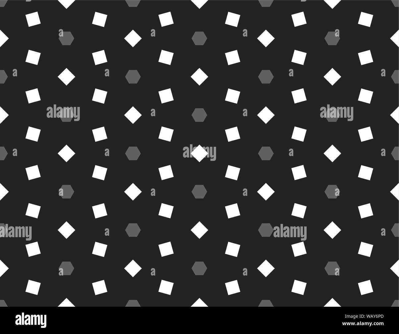 Vector seamless geometric pattern. Shaped grey hexagons and white square on black background. Stock Vector