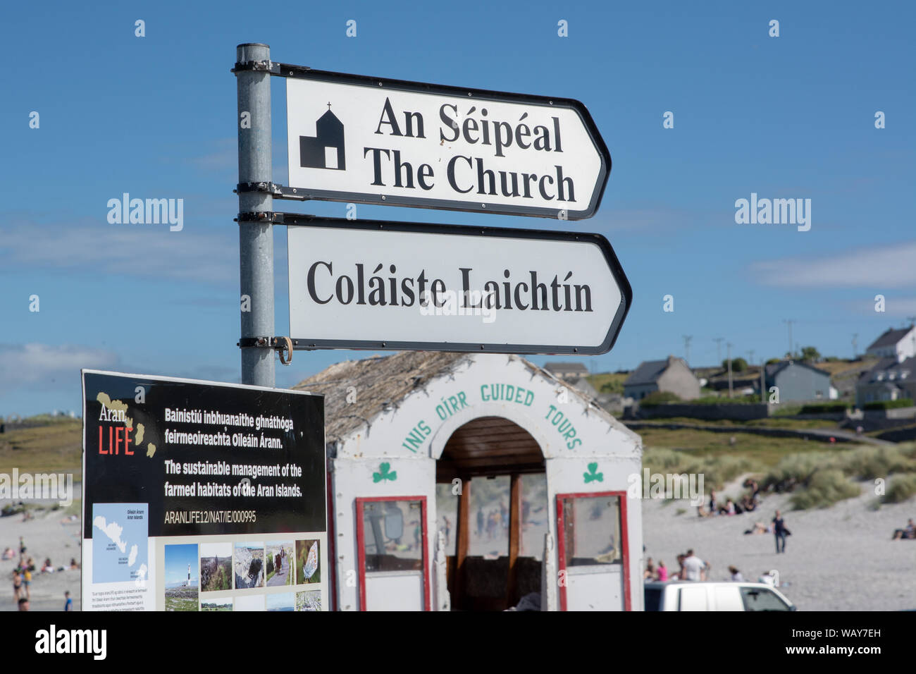 Sign in the Irish language on Inis Oirr, one of the Aran Islands, off the west coast of Ireland Stock Photo