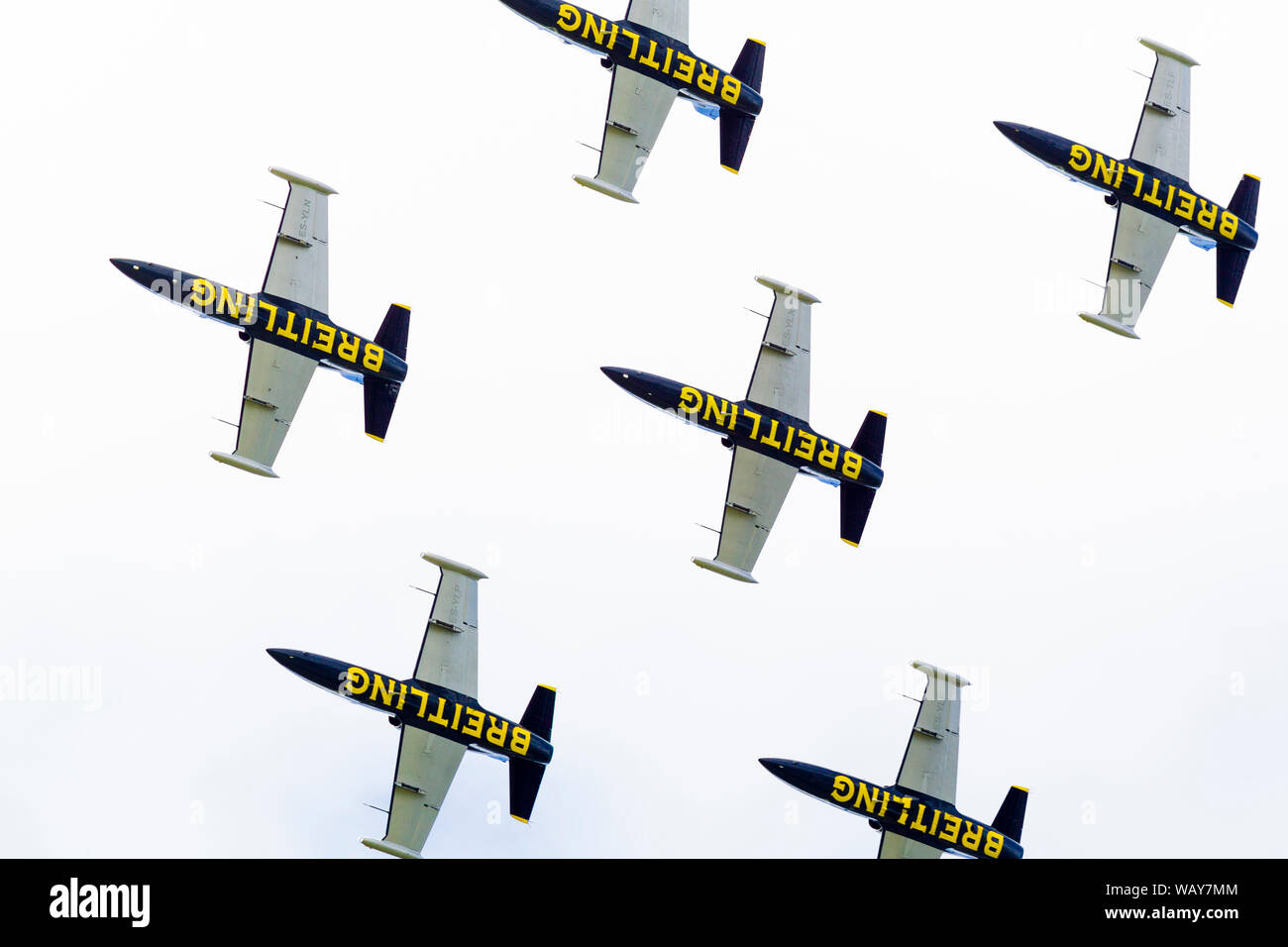 Breitling Jet Team.  The World's largest professional civilian aerobatics team performing on jets.  Made up of 7 L-39C Albatros aircraft. Stock Photo