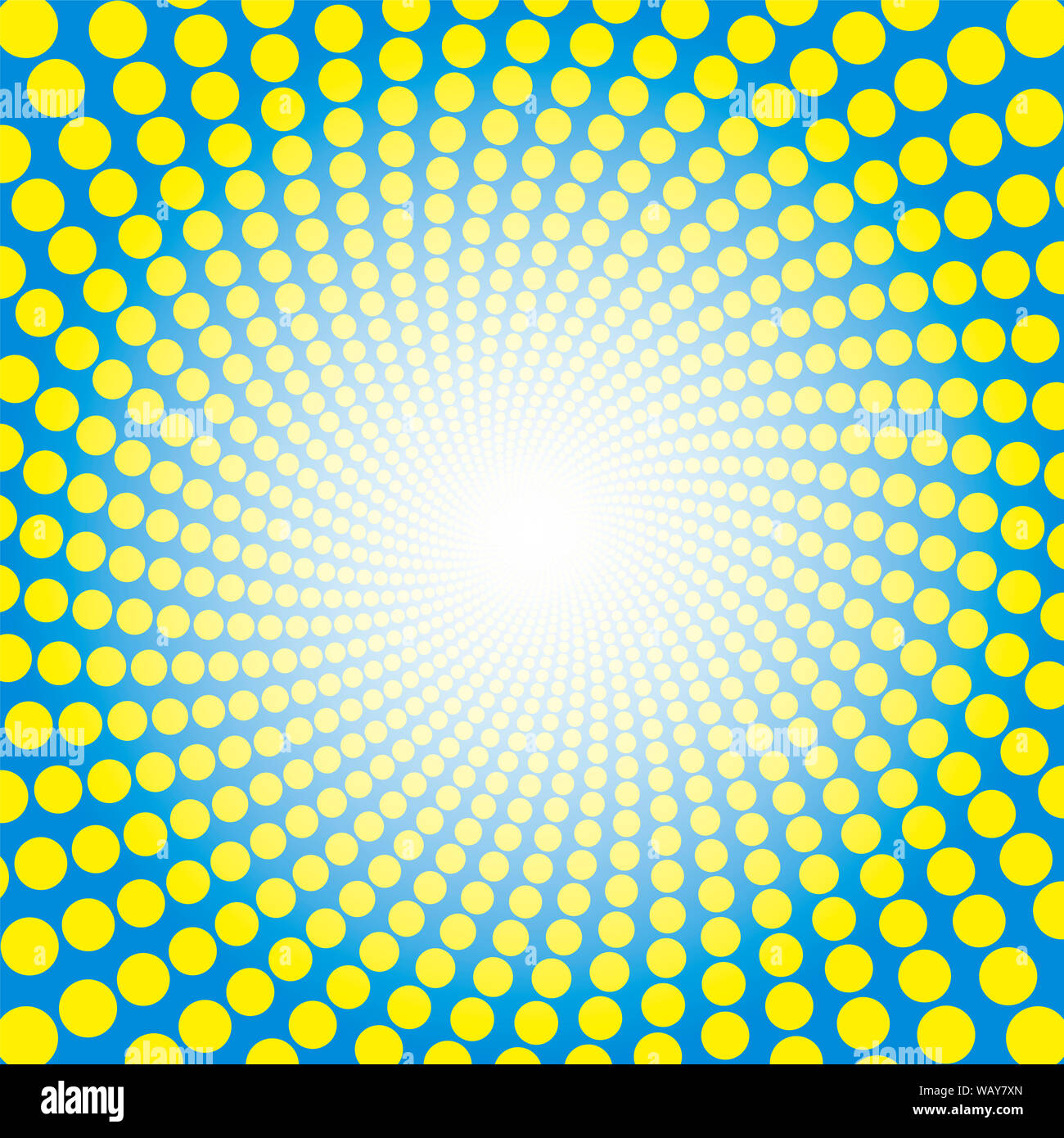 Yellow blue spiral pattern. Dotted tunnel with light center - twisted circular background illustration, hypnotic and psychedelic. Stock Photo