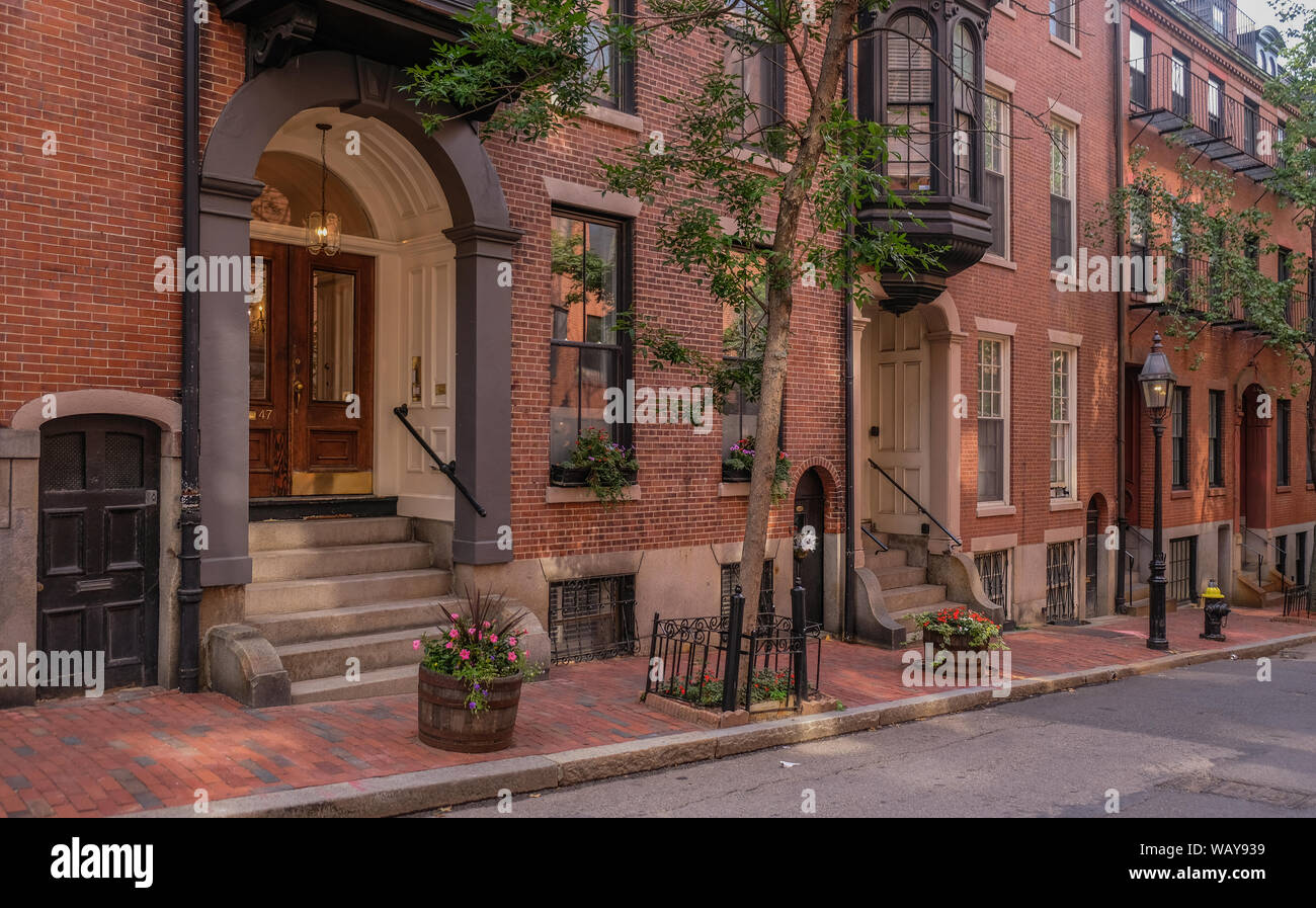 Acorn Street in Beacon Hill district, Boston, Massachusetts, USA - July 28, 2018: Entries of mansions in the Beacon Hill district in the city of Bosto Stock Photo