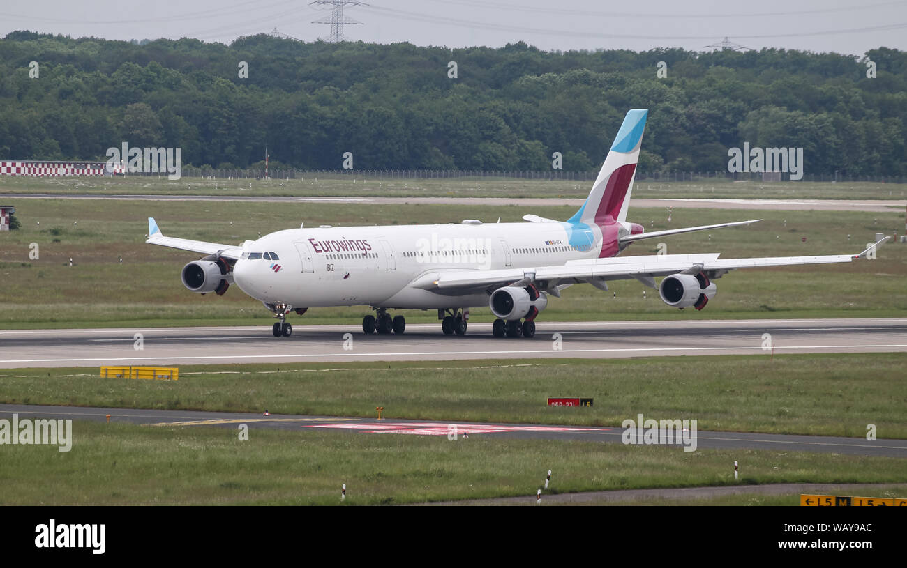 DUSSELDORF, GERMANY - MAY 26, 2019: Eurowings Airbus A340-313X (CN 335) taxi in Dusseldorf Airport. Stock Photo