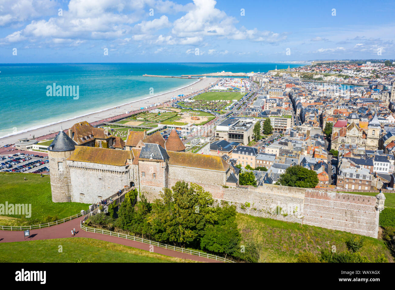 Aerial view of Dieppe town, the fishing port on the English Channel, at the mouth of Arques river. On a clifftop overlooking pebbly Dieppe Beach is th Stock Photo