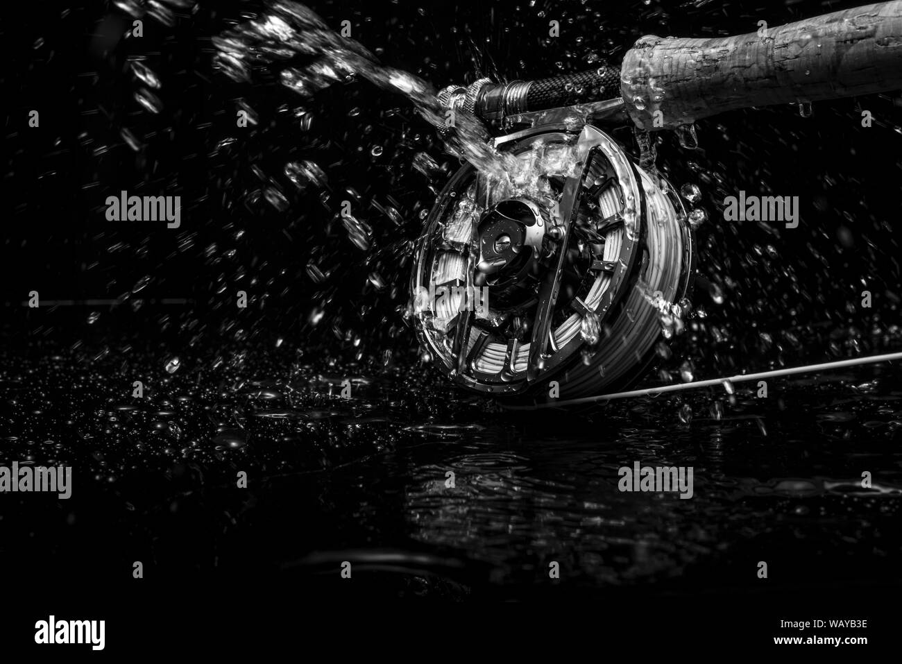 Fly fishing rod and reel with water spray on black in black and white Stock Photo