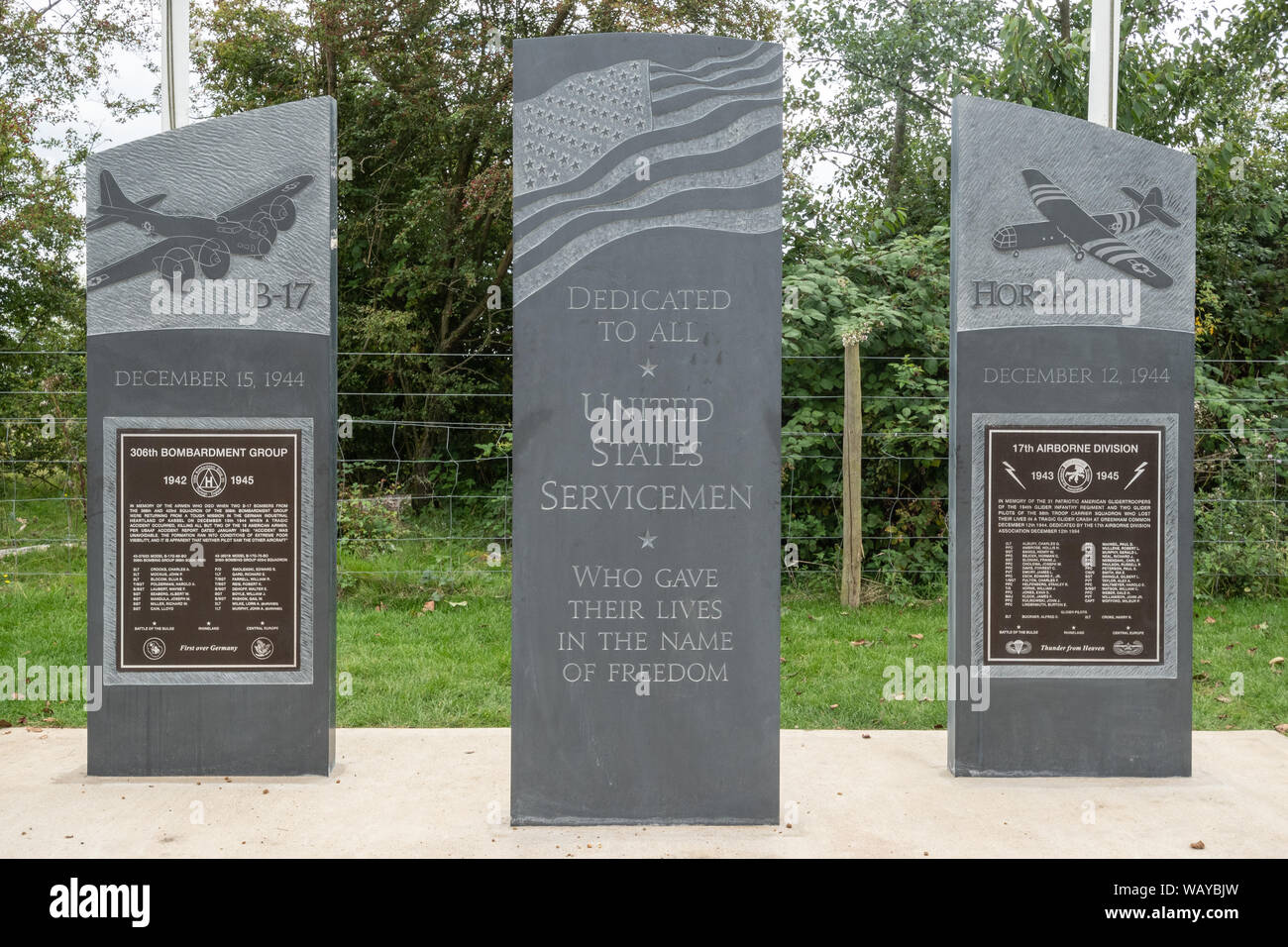 Memorial stones commemorating United States servicemen who died while serving at RAF Greenham Common during World War II, Berkshire, UK Stock Photo