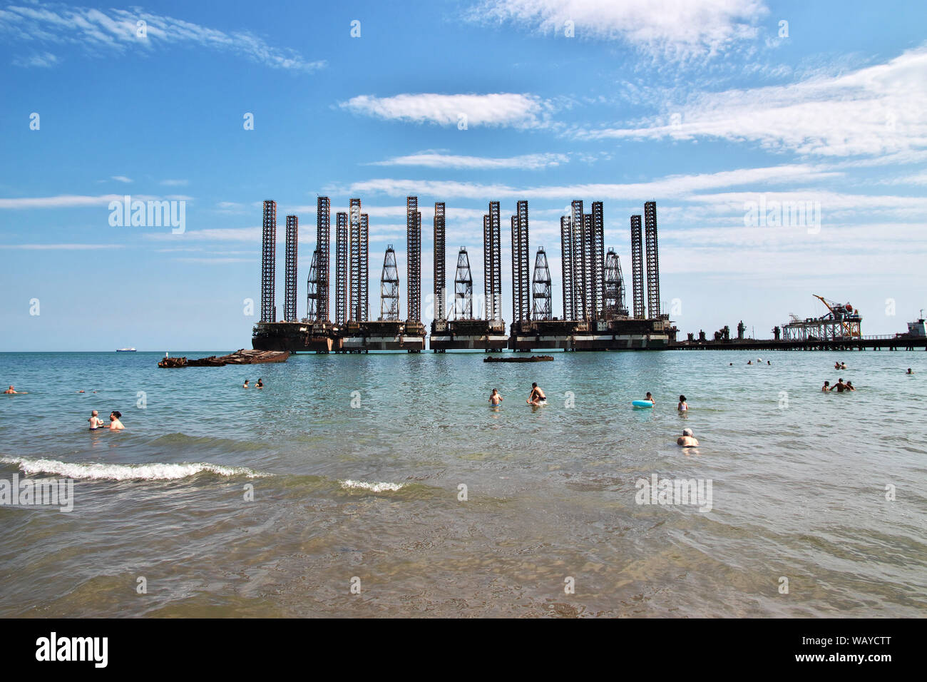 Caspian beach / Azerbaijan - 13 Jul 2013: The oil rig in Azerbaijan, Caspian sea Stock Photo