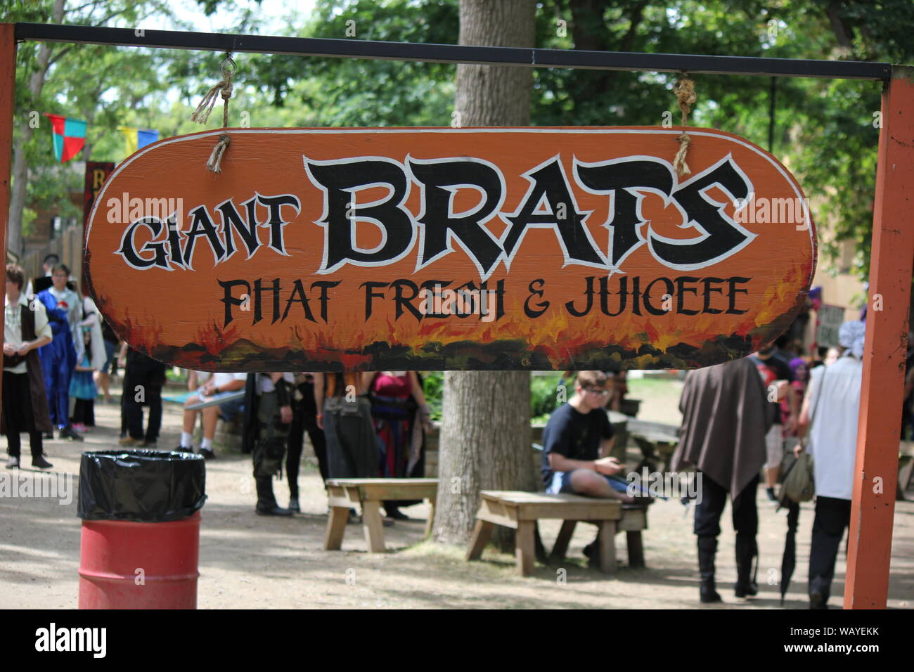 Giant brats, phat, fresh and juicy sign at the Bristol Renaissance Faire, feire, feyre, faire, and fayre, Mittelaltermarkt, Mercats Medievals. Stock Photo