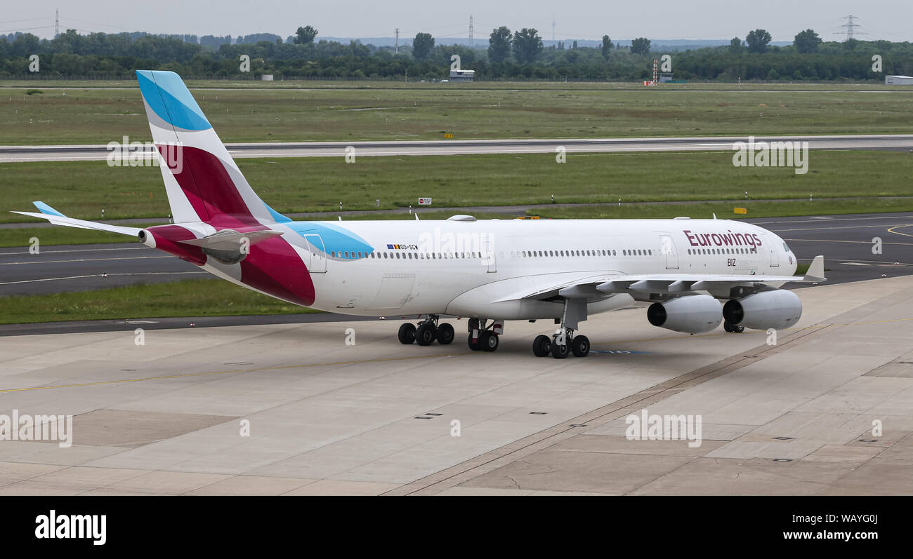 DUSSELDORF, GERMANY - MAY 26, 2019: Eurowings Airbus A340-313X (CN 335) taxi in Dusseldorf Airport. Stock Photo