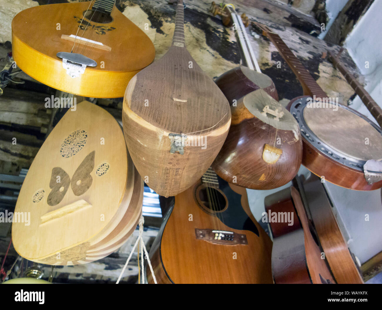Musical intruments in repair shop, Rome, 2019. Stock Photo
