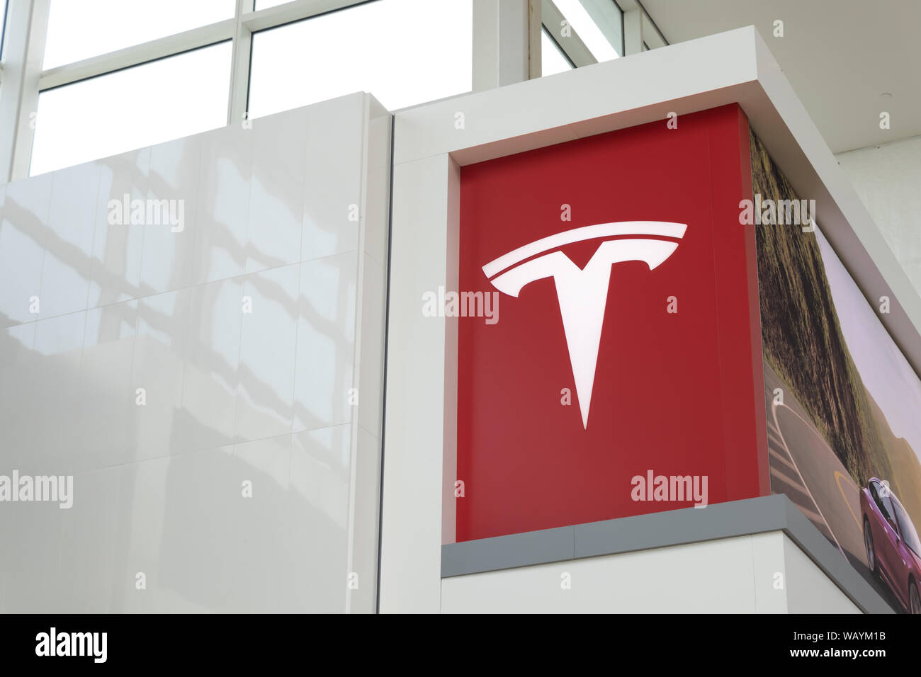Tesla logo on the side of the Tesla Store in Toronto's Yorkdale Shopping Centre. Stock Photo