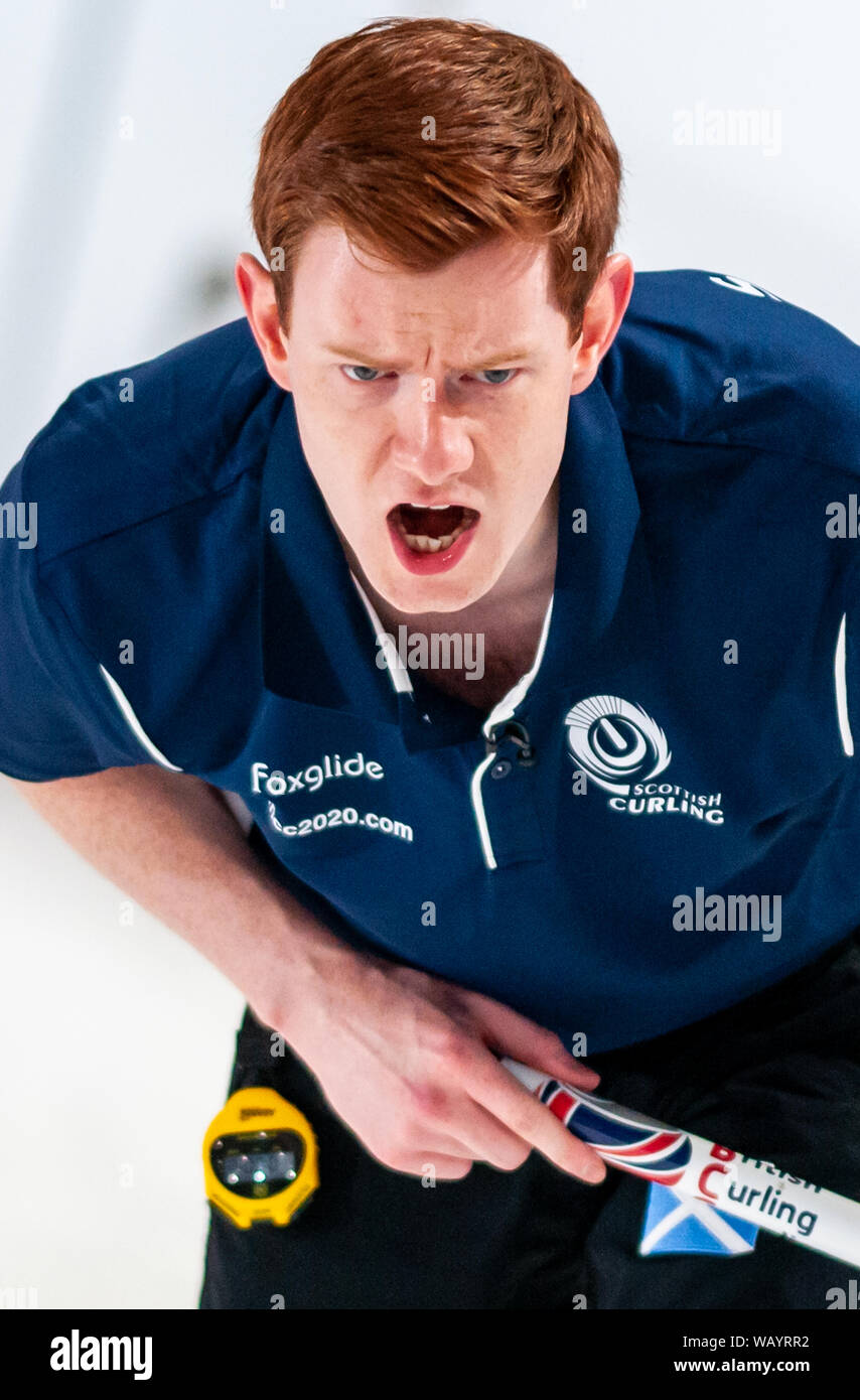 Raleigh, North Carolina, USA. 22nd Aug, 2019. Aug. 22, 2019 Ã RALEIGH, N.C., US - STUART TAYLOR of Scotland in action during Curling Night in America at the Raleigh Ice Plex. Curling Night in America featured members of the U.S. Olympic menÃs gold medal team from the 2018 Winter Olympics in South Korea U.S. womenÃs team, as well as teams from Italy, Japan, and Scotland, Aug. 22-24, 2019. Credit: Timothy L. Hale/ZUMA Wire/Alamy Live News Stock Photo