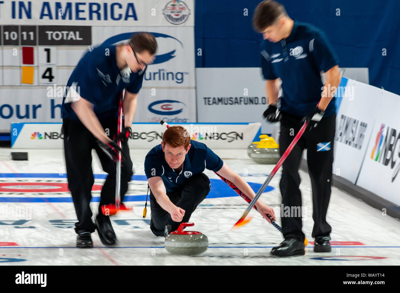 Raleigh, North Carolina, USA. 22nd Aug, 2019. Aug. 22, 2019 Ã RALEIGH, N.C., US - ALASDAIR SCHREIBER, STUART TAYLOR, and MARK TAYLOR of Scotland in action during Curling Night in America at the Raleigh Ice Plex. Curling Night in America featured members of the U.S. Olympic menÃs gold medal team from the 2018 Winter Olympics in South Korea U.S. womenÃs team, as well as teams from Italy, Japan, and Scotland, Aug. 22-24, 2019. Credit: Timothy L. Hale/ZUMA Wire/Alamy Live News Stock Photo