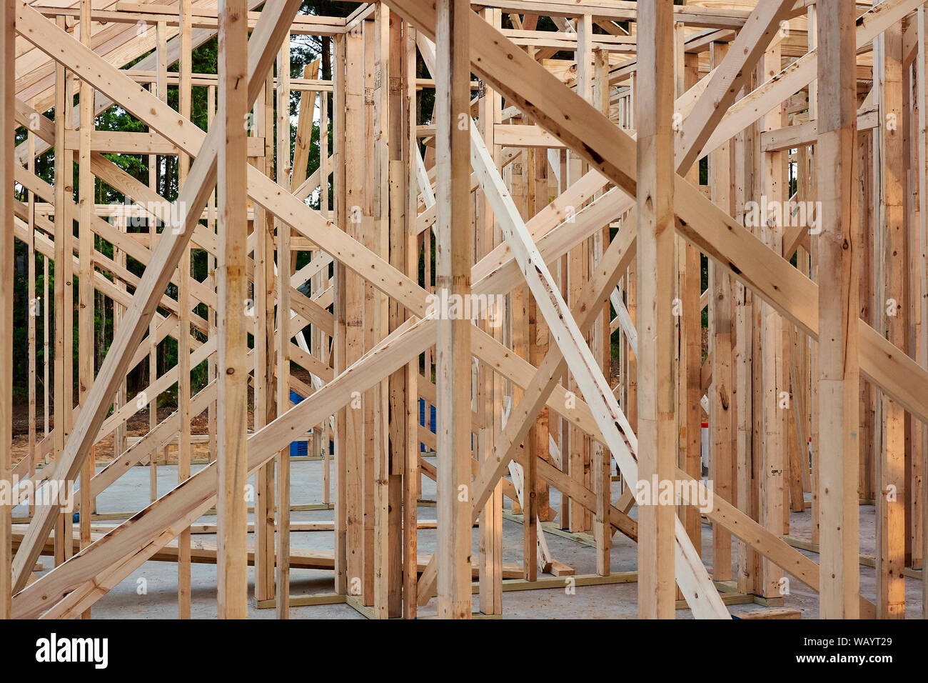 New home or house under construction with wood framing in Alabama, USA. Stock Photo