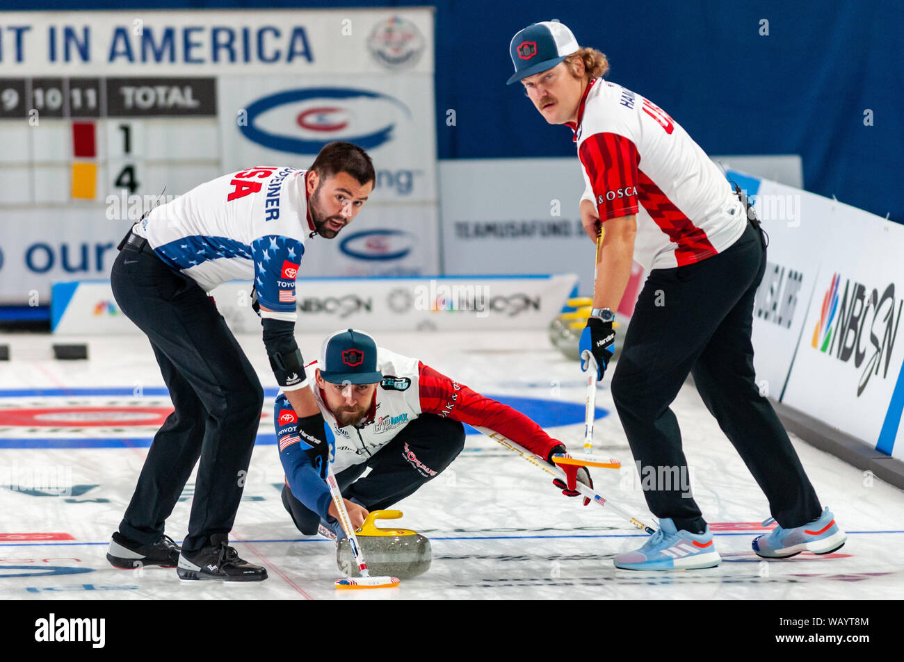 Raleigh, North Carolina, USA. 22nd Aug, 2019. Aug. 22, 2019 Ã RALEIGH, N.C., US - JOHN LANDSTEINER, CHRIS PLYS, and MATT HAMILTON of the United States in action during Curling Night in America at the Raleigh Ice Plex. Curling Night in America featured members of the U.S. Olympic menÃs gold medal team from the 2018 Winter Olympics in South Korea U.S. womenÃs team, as well as teams from Italy, Japan, and Scotland, Aug. 22-24, 2019. Credit: Timothy L. Hale/ZUMA Wire/Alamy Live News Stock Photo