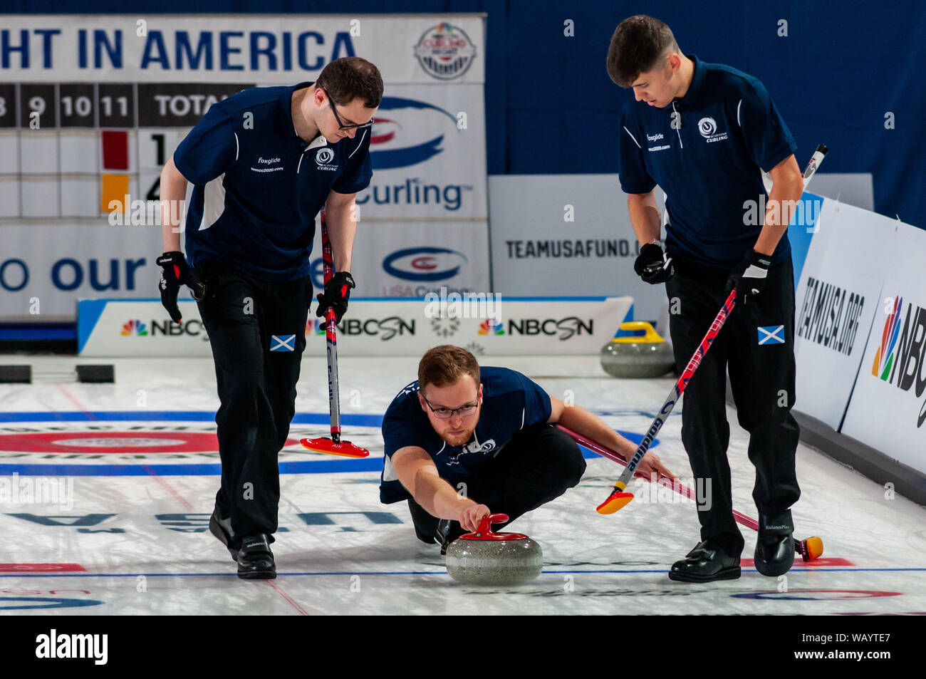 Raleigh, North Carolina, USA. 22nd Aug, 2019. Aug. 22, 2019 Ã RALEIGH, N.C., US - ALASDAIR SCHREIBER, STUART TAYLOR, and MARK TAYLOR of Scotland in action during Curling Night in America at the Raleigh Ice Plex. Curling Night in America featured members of the U.S. Olympic menÃs gold medal team from the 2018 Winter Olympics in South Korea U.S. womenÃs team, as well as teams from Italy, Japan, and Scotland, Aug. 22-24, 2019. Credit: Timothy L. Hale/ZUMA Wire/Alamy Live News Stock Photo