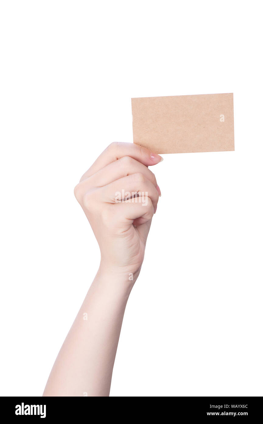 Young asia clean girl hand holding a blank kraft brown paper card template  isolated on white background, clipping path, close up, mock up, cut out  Stock Photo - Alamy