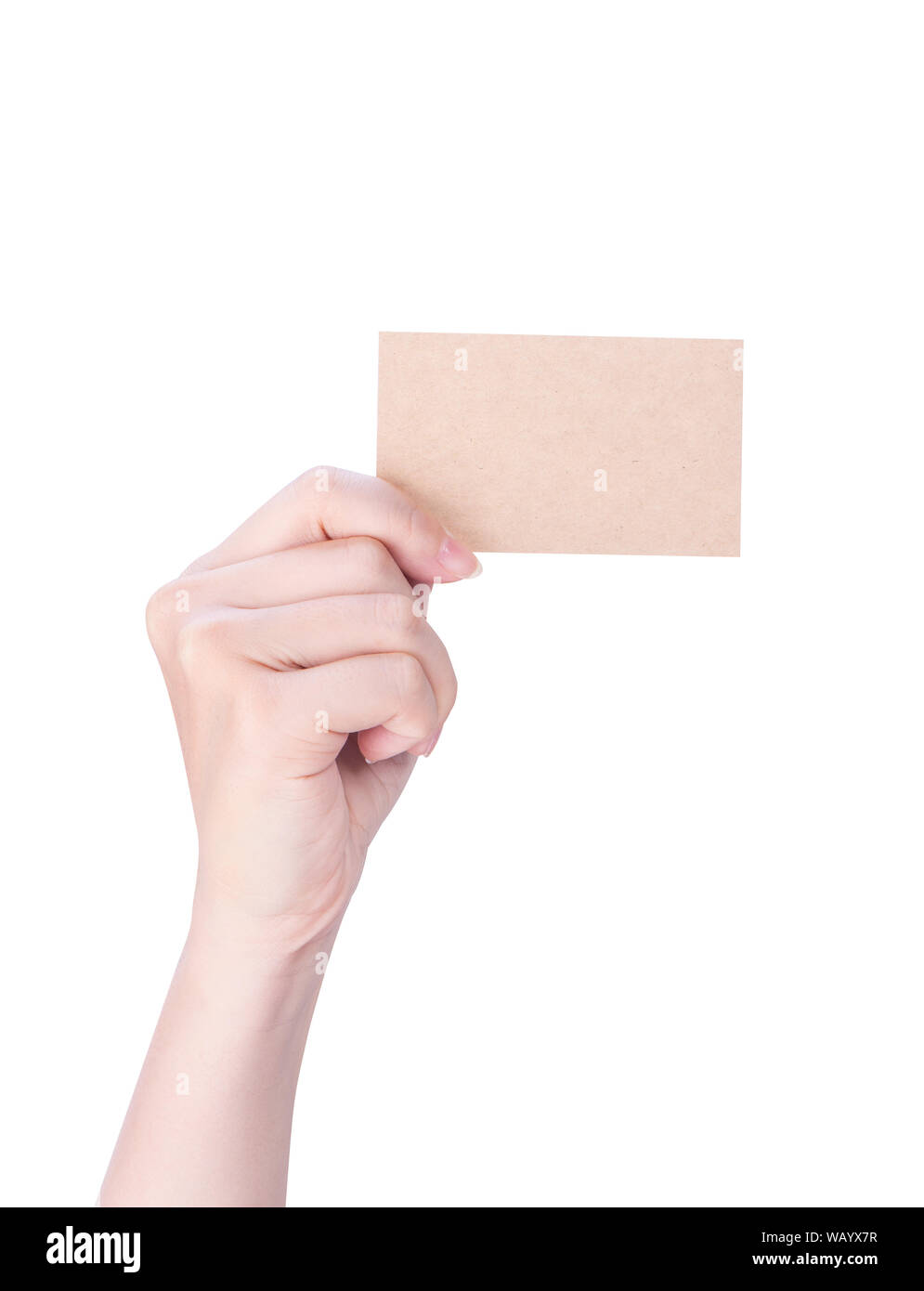 Young asia clean girl hand holding a blank kraft brown paper card template  isolated on white background, clipping path, close up, mock up, cut out  Stock Photo - Alamy
