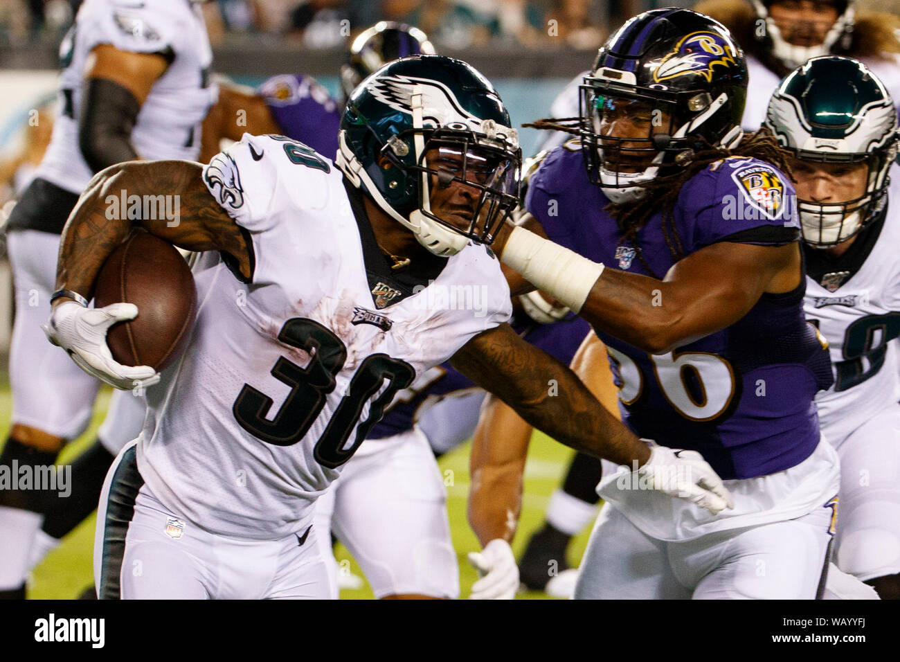 Landover, Maryland, USA. 29th Aug, 2019. 8Baltimore Ravens linebacker Tim  Williams (56) rushes in of the edge in the preseason game between the  Baltimore Ravens and the Washington Redskins played at FedEx