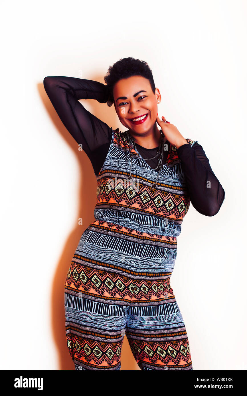 young pretty african american woman happy smiling posing against white ...